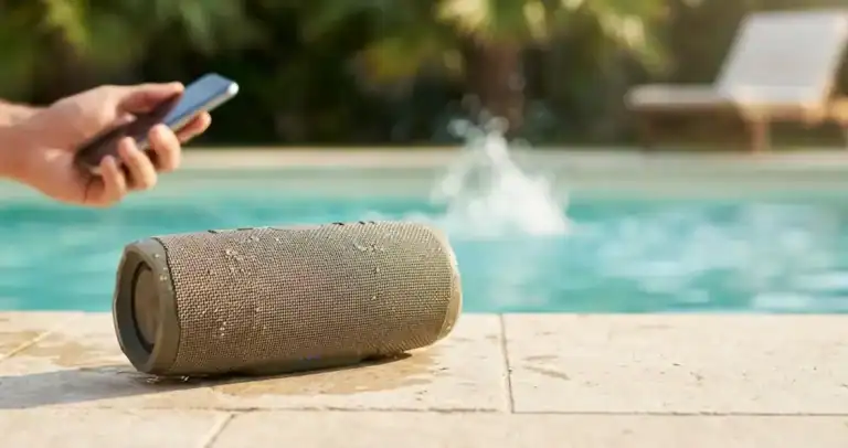 Caixa de som bluetooth à prova d'água na beira da piscina com respingos de água