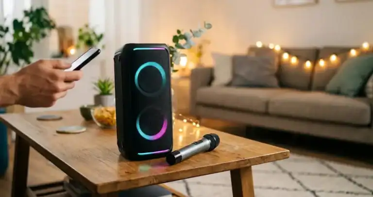 Caixa de som bluetooth com microfone sem fio pronta para karaokê em casa