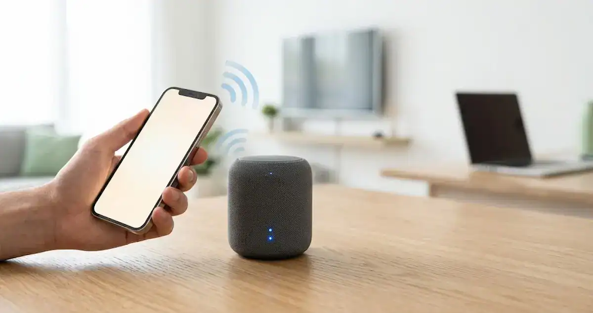 Como conectar caixa de som bluetooth no celular: smartphone pareado com caixa portátil sobre a mesa