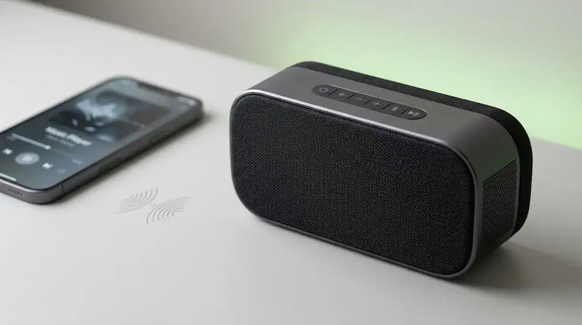 Como escolher caixa de som bluetooth: modelo portátil ao lado de um smartphone