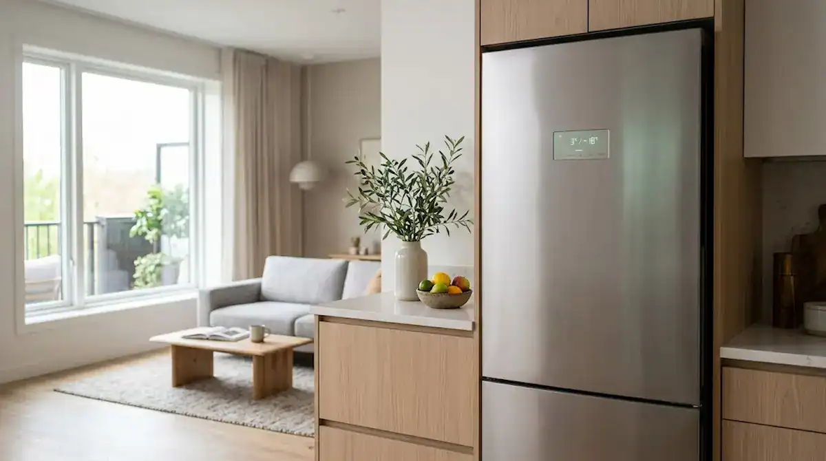 Geladeira inverter vale a pena: geladeira moderna em cozinha integrada e silenciosa