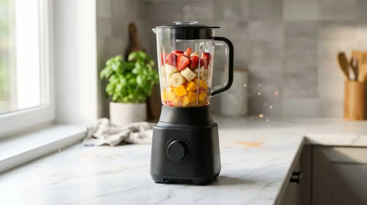 Liquidificador moderno com frutas coloridas na jarra, ilustrando o guia dos melhores liquidificadores 2026