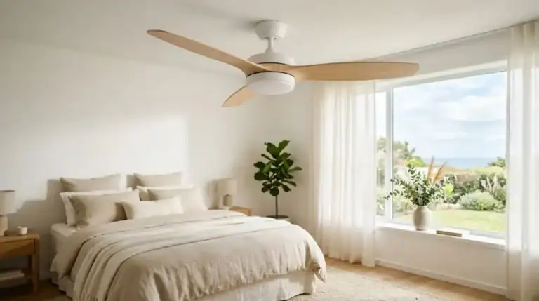 Melhor ventilador de teto 2026: modelo moderno com luminária em quarto aconchegante