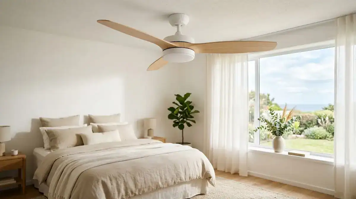 Melhor ventilador de teto 2026: modelo moderno com luminária em quarto aconchegante