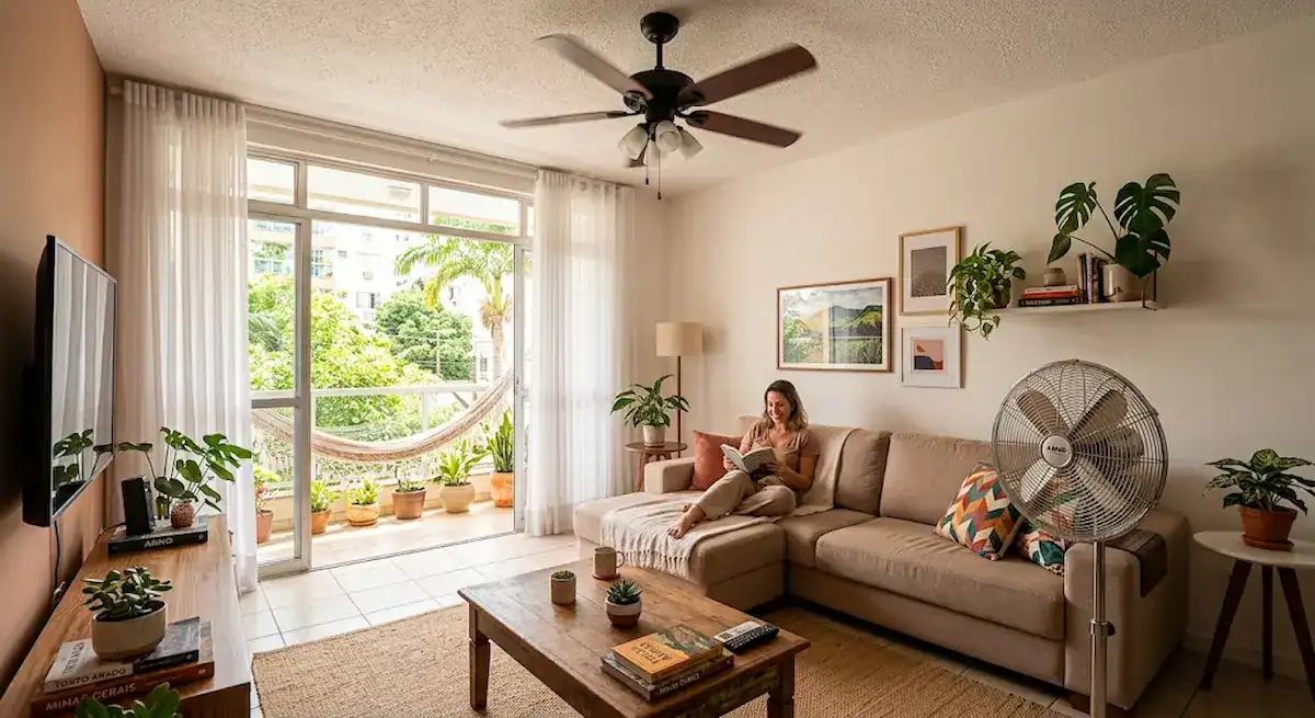 Diferentes tipos de ventilador em uma sala de estar iluminada