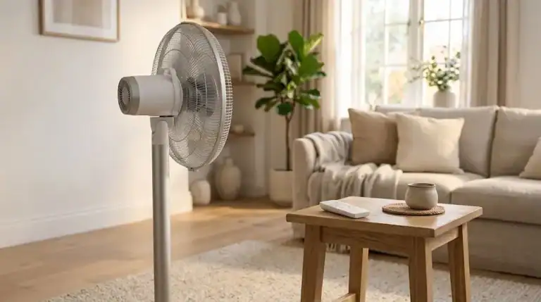 Ventilador de coluna com controle remoto em ambiente aconchegante
