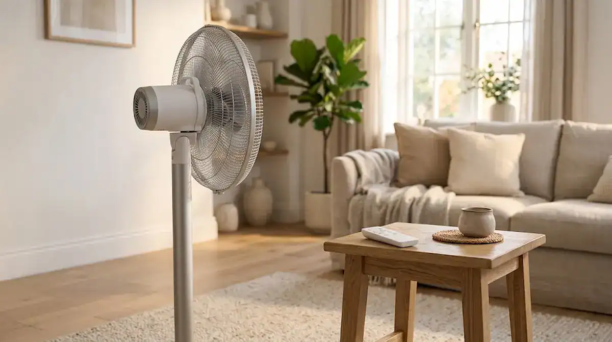 Ventilador de coluna com controle remoto em ambiente aconchegante