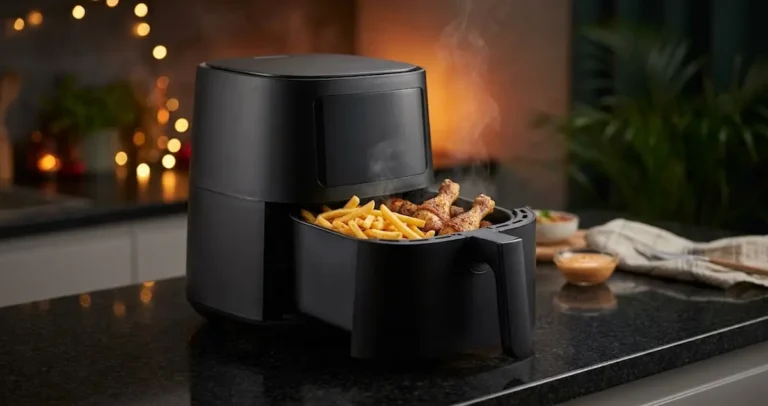 Air fryer com cesto aberto e batatas douradas em uma bancada de cozinha, guia de black friday air fryer 2026